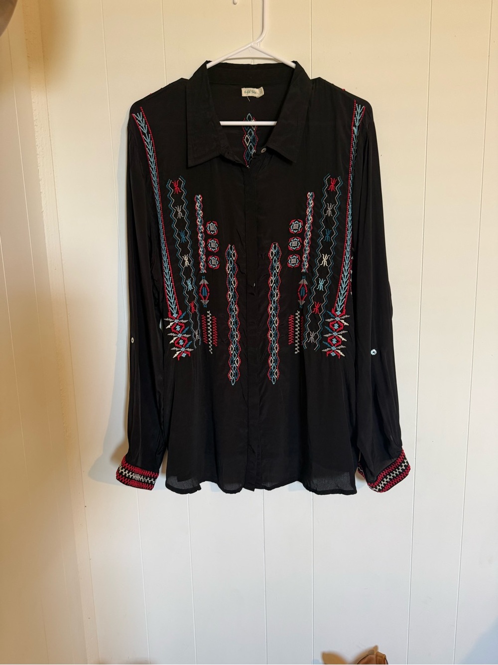 Black Embroidered Button-Down Shirt with Multicolor Stitching
